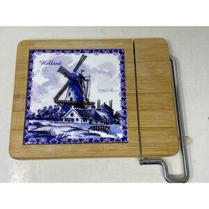 Vintage Delft Blue Windmill Tile Wooden Cheese Board With Slicing Blade Holland